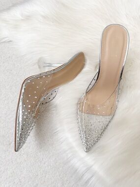 Catherine Malandrino Clear Rhinestone Pointed Toe Mule Heels Silver Glam size 10